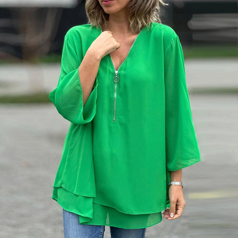 Katie™ - Chiffon Zipper Top With V-neck